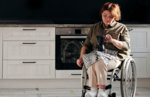 Woman in wheelchair in kitchen holding coffee pot